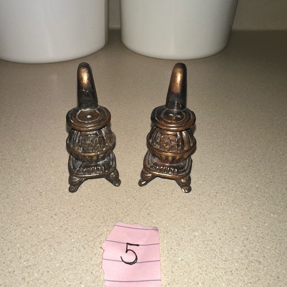 Vintage Bronze and Silver Miniature Stoves Salt and Pepper Shakers